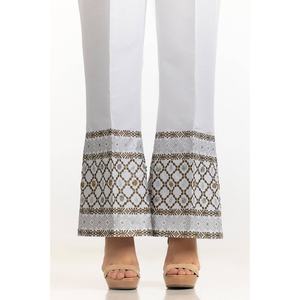 Pantalon évasé blanc 100% soie brute imprimé au bloc, taille haute avec broderie à la main, tissu crêpe TR-24-22 - Product Image 2