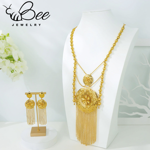 Parure de bijoux de mariage vietnamienne de luxe, couleur or 24 carats, collier et boucles d'oreilles tressés à pampilles, pour femmes - Product Image 1