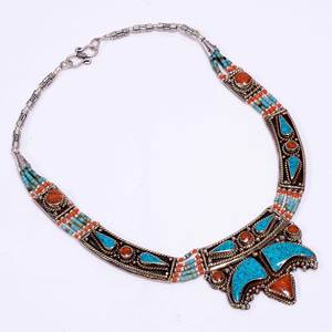 Collar con Colgante de Piedras Preciosas de Turquesa y Coral en Plata Tibetana Lavie Jewelz, Diseño Antiguo, Estilo Clásico, Unisex - Product Image 2