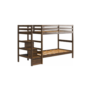 Lit superposé en bois massif moka espresso avec escaliers et étagères de rangement style design traditionnel pour enfants - Product Image 1