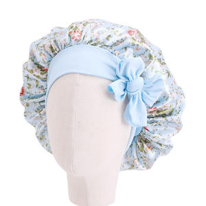 WD-A1232 Kids Satin Bonnet Sleep Hat Silk <b>Shower</b> <b>Cap</b> for Child Hair Beanie at Night Flower Printed Silk Sleep <b>Cap</b> With Band Bow - Product Image 4