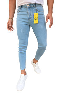 Jeans droits extensibles slim pour hommes, taille mi-haute, en denim coloré délavé et vieilli, style vintage, pour un look décontracté et tendance. - Product Image 3
