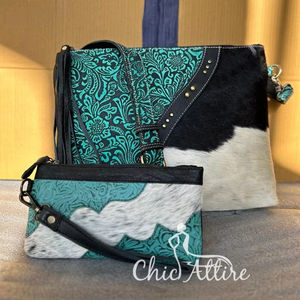Nuevo bolso de mano de cuero de vaca con estampado en relieve a mano Real Western para mujer, bolso elegante y pintura a mano, conjunto combinado de cartera de muñeca de cuero genuino - Product Image 1