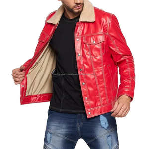 Elegante chaqueta de cuero rojo para hombre con cierre a presión de cuello de piel de oveja, perfecta para ropa de calle y salidas de invierno - Product Image 4