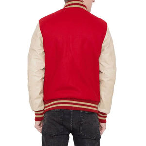 Chaqueta universitaria personalizada al por mayor, cuerpo de lana roja con piel, Mangas de cuero, chaqueta de béisbol con botones, Letteman - Product Image 3