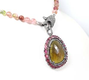 Argent Perle Bio Tourmaline Collier Perles Multi-Tourmaline Pave Diamant Pendentif Naturel Facettes Pierre De Luxe Bio Tourmaline - Product Image 3