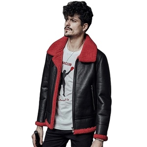 Veste en peau de mouton pour homme Manteau en fausse fourrure Manteau de pilote Veste volante noire Veste en peau de mouton B3 Doublure à col rouge - Product Image 1