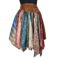 Falda Midi DS024 con Estampado de Pescado, Estilo Gitano Tribal, Patchwork, Hecha a Mano con Seda de Sari Reciclada, Estilo Casual, Larga, para Festivales de Verano
