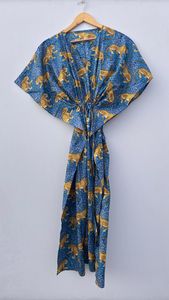 ชุดแมกซี่คาฟตันลายดอกไม้ผ้าฝ้ายอินเดียสำหรับคุณแม่ผ้าคลุมชายหาดและชุดนอนสไตล์บิกินี่ลำลองเอวธรรมชาติ - Product Image 6