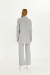 ชุดเสื้อสเวตเตอร์และกางเกง2ชิ้นสำหรับผู้หญิงชุดเสื้อถักแขนยาวเอวยางยืดชุดเสื้อถักขากว้างมีสไตล์ - Product Image 5