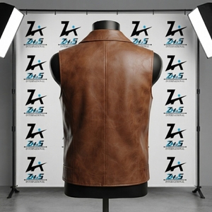 Chaleco de cuero PU para hombre, estilo motorista, con cuello vuelto y cierre de cremallera, color marrón liso, para otoño, venta al por mayor - Product Image 2