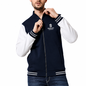 SINEWY SPORTS <b>Men's</b> Navy <b>White</b> Varsity <b>Jacket</b> Zipper Front Embroidered Logo Preppy Style Regular Fit Autumn Wear - Product Image 1