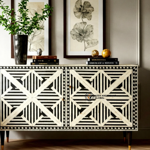Buffet en bois massif avec incrustations artisanales en os et en résine, motif diamant audacieux, style moderne monochrome, pour salon ou bar à domicile - Product Image 6