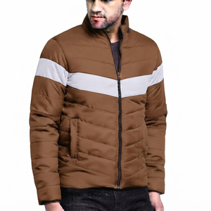 Wholesale High Quality <b>Men's</b> Brown Canvas Color Blocking Puffer <b>Jacket</b> Front <b>White</b> Stripe Stand Collar Zipper Closure Windproof - Product Image 1