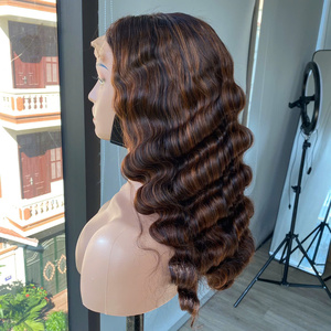 Pelucas con flequillo de cabello virgen marrón para mujer, peluca larga con ondas profundas y frente de encaje, densidad del 250% - Product Image 5
