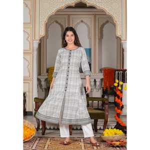 Ensemble Kurta Anarkali en coton imprimé géométrique pour femmes, blanc, 48 pouces, confortable, plusieurs tailles disponibles - Product Image 5