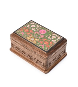 Boîte de rangement en bois de noyer sculpté Secret Lock avec conception en papier mâché sur le dessus 6 pouces boîte-cadeau organisateur de bijoux pour femme - Product Image 1