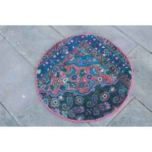 Alfombra Redonda Vintage de 2x2 pies, Alfombra Abstracta Azul Turca - Product Image 2