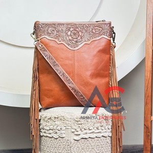 Women's Boho Western Style Fringe Hand Tooled Leather <b>Crossbody</b> <b>Bag</b> <b>Large</b> Capacity Genuine Cowhide Leather Floral Design Handbag - Product Image 1