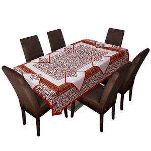 Mantel Rectangular de Algodón 240 Hilos con Estampado Artesanal a Bloque Rojo Puro y 6 Servilletas, Mantelería de Marca para Hogar u Hoteles - Product Image 1
