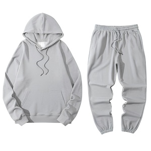 Conjunto Unisex de Sudadera con Capucha y Pantalones Deportivos de Algodón Gris, Color Sólido, Corte Holgado, Largo Completo, Ropa Casual de Otoño con Cordón Ajustable - Product Image 1
