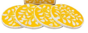 Posavasos Cuadrados Hechos a Mano con Incrustaciones de Hueso, Diseño Clásico Ecológico, Estilo Rajastaní, Fondo Amarillo con Patrón Floral para Cocina - Product Image 3