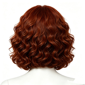 Perruque courte bouclée en cheveux humains Auburn avec frange fine - Product Image 4