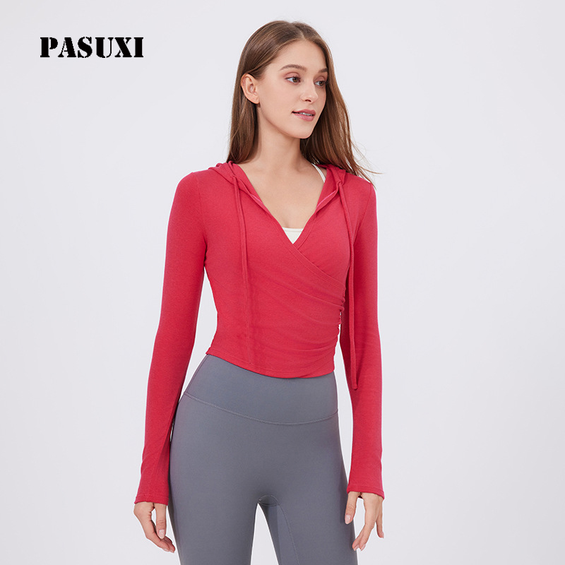 PASUXI Women's Sexy Deep V Neck Long Sleeve Yoga Hoodie with Thumb Holes Drawstring Slim Fit Custom Sweatshirt