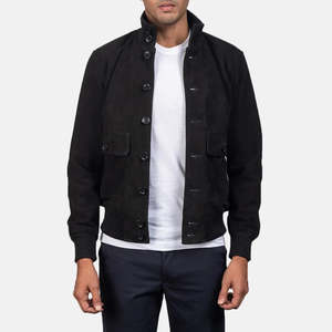 Eaton Vintage Black <b>Suede</b> Bomber <b>Jacket</b> Casual Aviator Style Zippered Closure Woven Spandex Hooded Letter Spring/ Autumn - Product Image 1