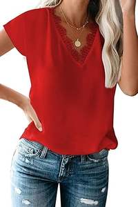 Barato a granel personalizado color sólido cuello en V encaje ajuste camiseta de gran tamaño 100% algodón manga corta Camiseta para mujer - Product Image 5