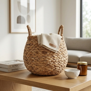 Panier de rangement en jacinthe d'eau naturelle, pot de fleurs sphérique tressé épais avec poignée en arche, décoration artistique pour l'aménagement de la pièce, artisanat d'art pur - Product Image 5