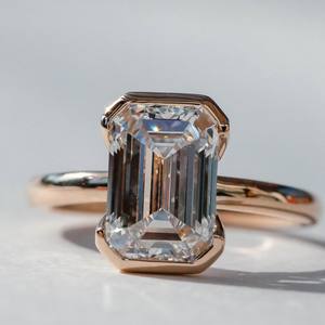 6X8mm <b>Emerald</b> Cut Moissanite Engagement <b>Ring</b> Bezel Set Solitaire 925 Sterling <b>Silver</b> Custom Jewelry - Product Image 1