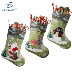 43 cm Green Christmas Stocking with Embroidered Design Printed Pattern <b>Winter</b> Fur for Merry Christmas - Product Image 5
