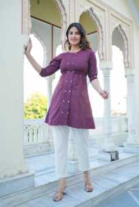 Tunique décontractée en coton Kantha à rayures imprimée à la cheville pour femmes, couleur vin, motif floral, écologique, à séchage rapide, respirante - Product Image 2