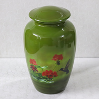 Vase funéraire en aluminium métallique violet avec motif colibri et fleurs, forme ronde, pour décoration intérieure