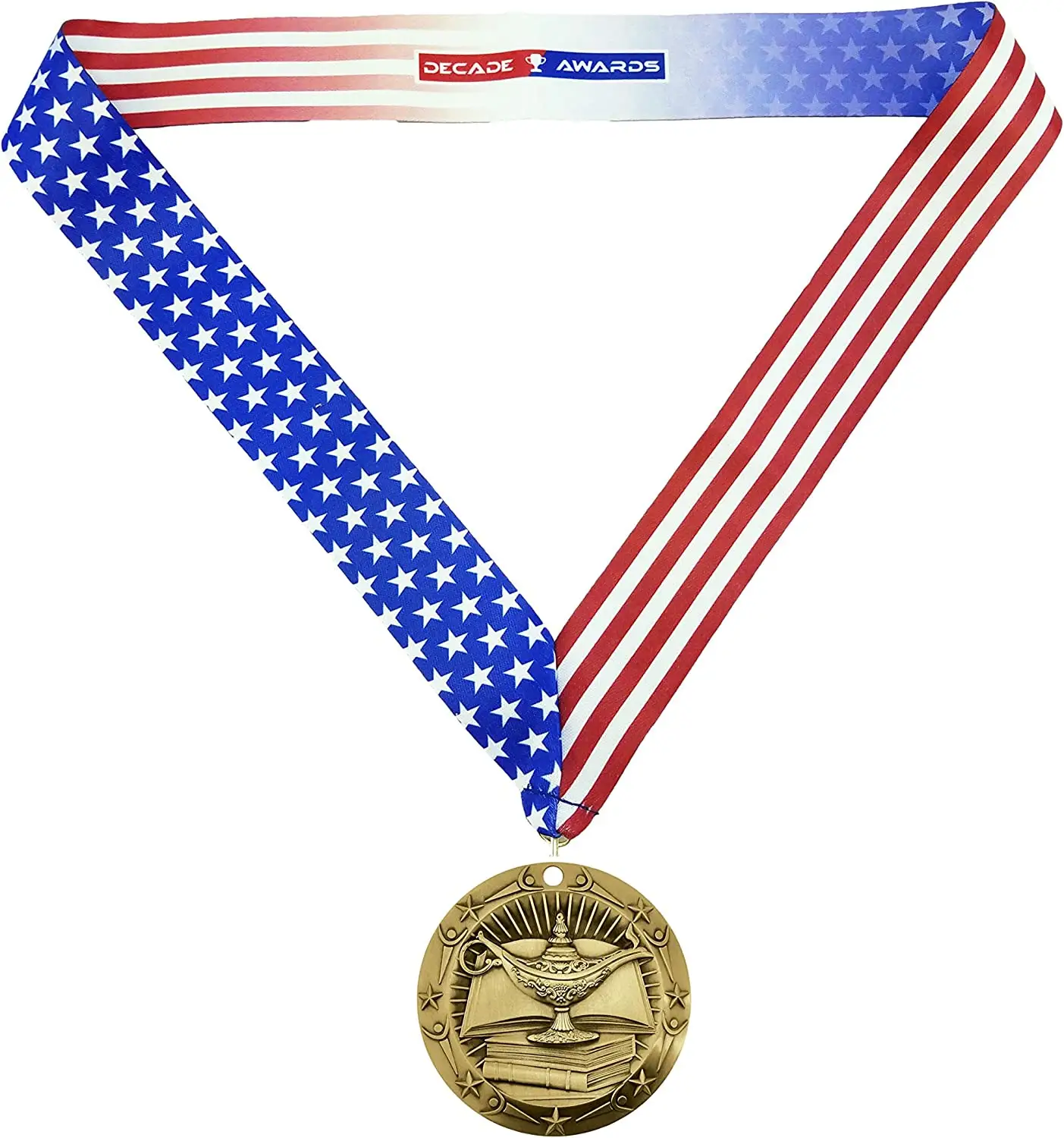 알라딘 시라그 로고와 줄무늬 미국 국기 V 넥 리본이있는 참가자 메달 수상을위한 소유자 메달