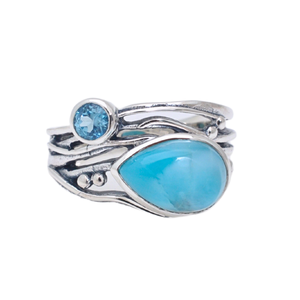 ขายส่ง925แข็งสีเงินแท้วงแพร์ Larimar และสีฟ้า Topaz แหวนด้านบนอัญมณีสีฟ้าธรรมชาติแหวนออกแบบไม่ซ้ำกัน - Product Image 1