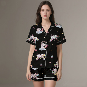 Premium Adult Digital Printed <b>Silk</b> Satin Pajamas | Lightweight Breathable 2-Piece Summer Loungewear with Elastic Waistband - Product Image 1