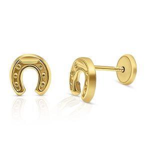 9K Solid Gold horseshoe <b>Stud</b> <b>Earrings</b> (Available 10K, 14K, 18K) Women Children Kids Ear Clip Screw Back Made in Spain - Product Image 1