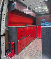 Sistema di Stoccaggio Professionale per Furgoni Officina Mobili con Banco da Lavoro, Cassetti Bloccabili e Armadietti Sopraelevati, Scaffalature per Veicoli OEM