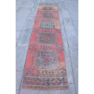 Turkish <b>Runner</b> Rug 2.5x11.2 ft (76x341 cm), <b>Red</b> Floral Vintage Rug - Product Image 1