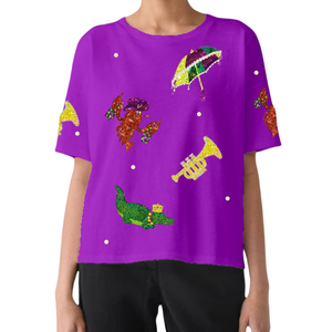 Femmes décontracté Mardi Gras Designer brillant et scintillant Boxy Fit T-shirts col rond manches courtes dames vêtements décontractés en gros - Product Image 4