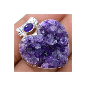 925 argent Sterling haute qualité améthyste Druzy pendentif coeur forme lunette réglage OEM & ODM gros pierre de naissance - Product Image 1