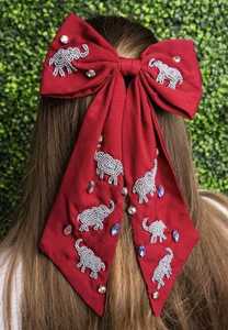 Export Quality Fabric Rhinestone Crystal Jumbo Tail Handmade <b>Red</b> Beaded Elephant Hair <b>Bow</b> Events Gifting Fashion in India - Product Image 2