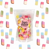 Bulk op maat gemaakte Zweedse stijl snoepjes: banaan, toffee, aardbei, vanille, bubblegum smaken, gelatinevrij, gummy snoepjes in kubusvorm