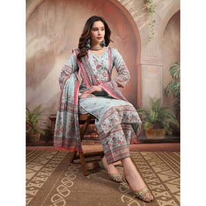 ชุดคุรตะผ้าจอร์เจตต์สีฟ้าสำหรับผู้หญิง พร้อมกางเกงปาลาซโซ่และผ้าคลุมไหล่ สไตล์ปากีสถาน ชุดสัลวาร์ คามีซสำเร็จรูป - Product Image 4