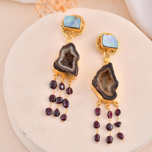 Ventana ágata rebanada Druzy pendientes joyería conjunto de piedras preciosas chapado en oro conjunto de puntas estilo pendiente joyería de moda regalo - Product Image 1
