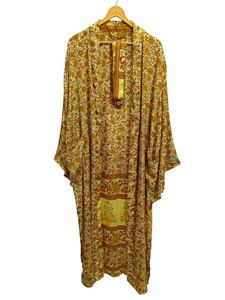 Bridal Robe Light Weight Silk Robe For <b>Woman</b> Night Wear Long Robe, Floral Print Indian Vintage Recycled Silk Sari <b>Kimono</b>, - Product Image 5