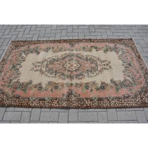 พรมตุรกีวินเทจ3.9x6.9ft พื้นที่ขนาดใหญ่ลวดลายปะต่อสีเบจสีน้ำตาลวัสดุขนสัตว์ด้านหลังสำหรับห้องนอนห้องโถง - Product Image 3