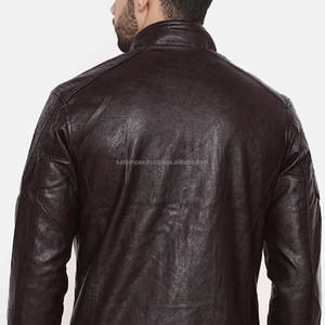 Chaqueta de motorista de cuero genuino ajustada marrón oscuro Para hombre cuello mandarín cierre de cremallera transpirable de secado rápido Vintage invierno - Product Image 4